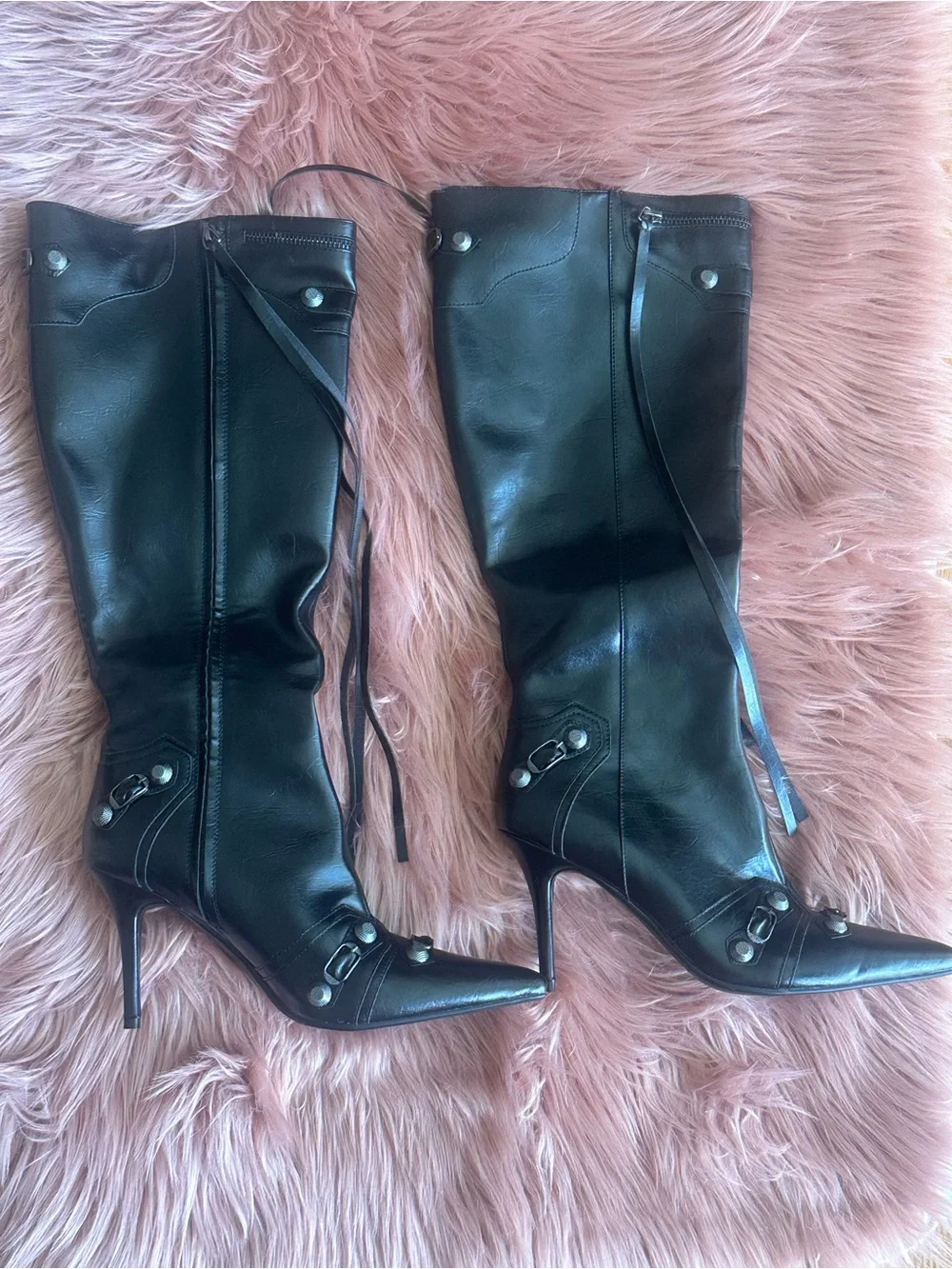 Women's Black Pointed-Toe Knee Boots with Decorative Straps